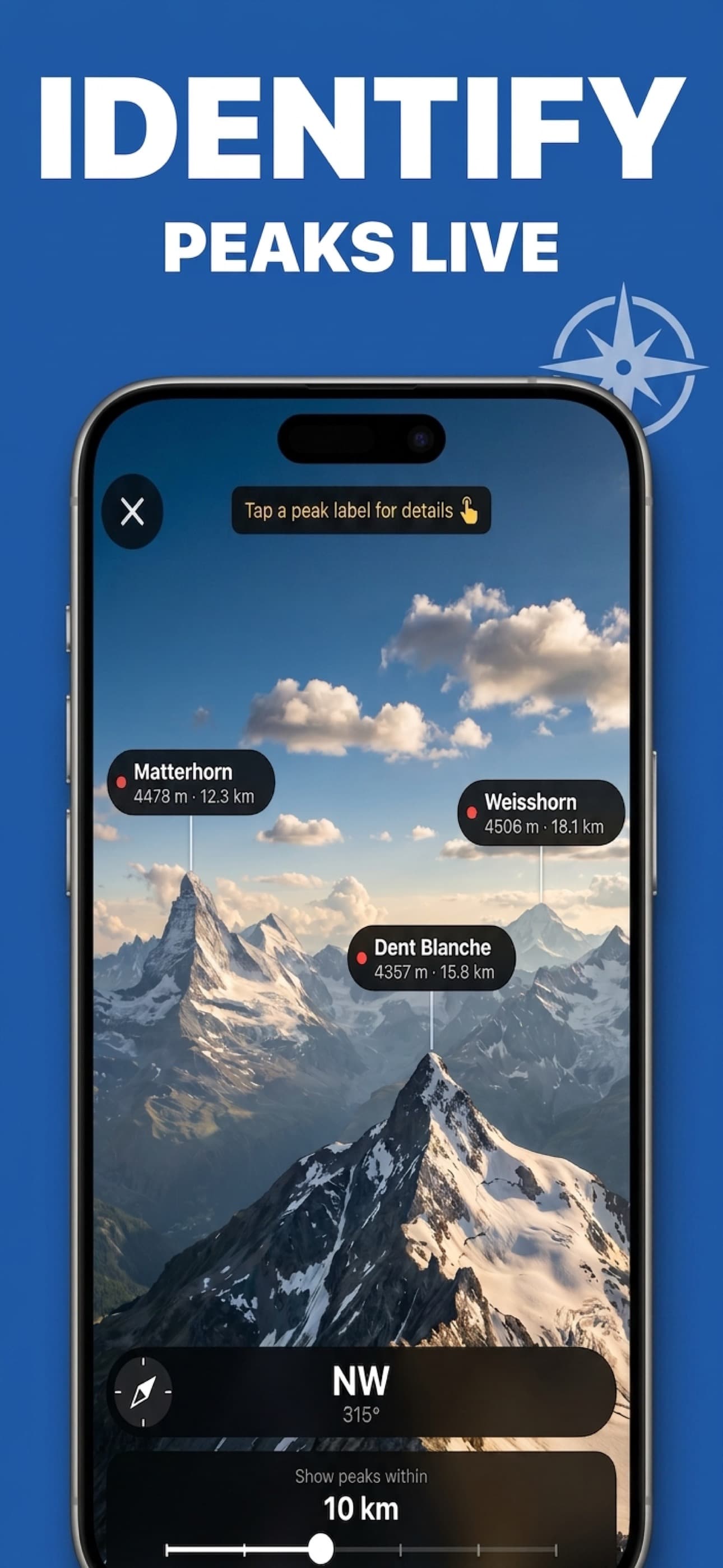 Look Around AR mode — identify mountain peaks live with your camera