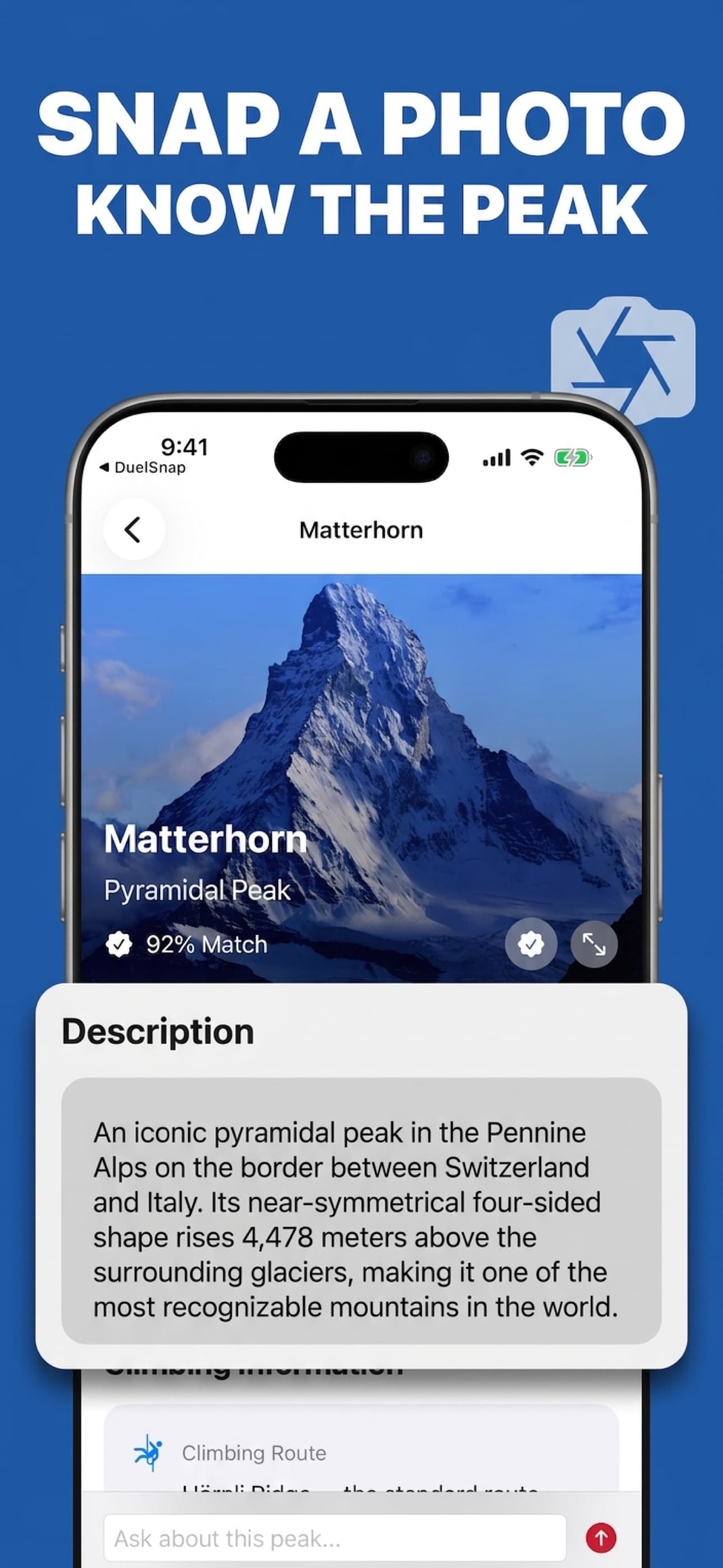 Snap a photo of any mountain and get instant AI identification