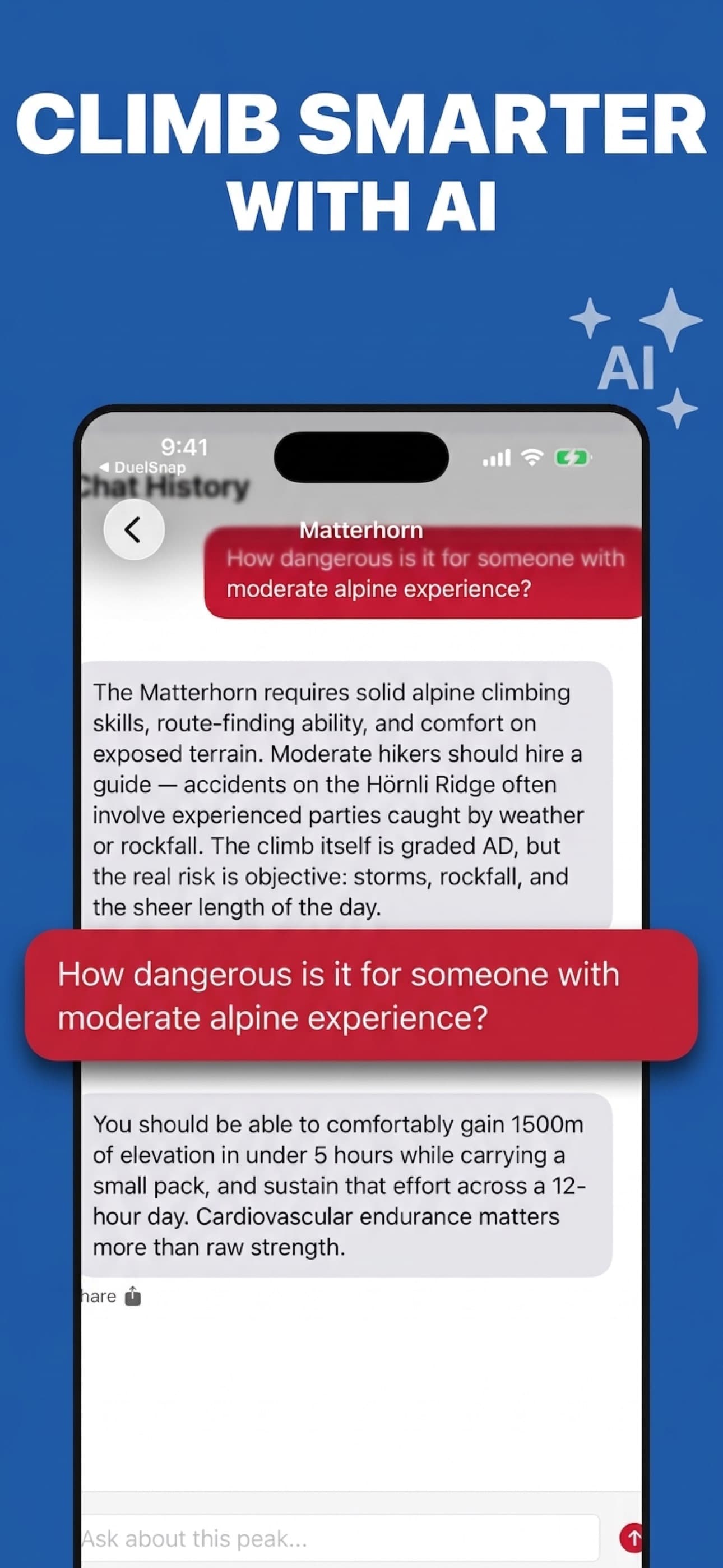 AI chat assistant for climbing routes and mountain safety questions